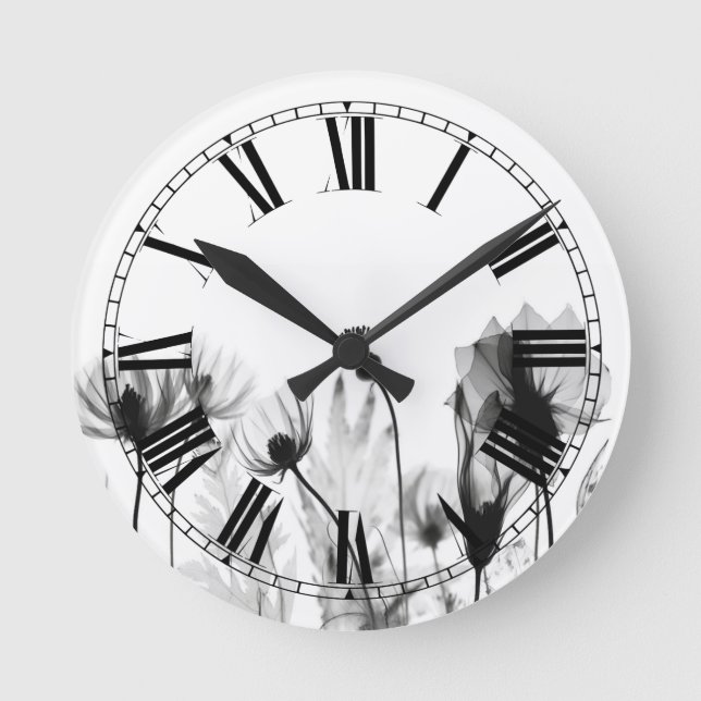 B&W Röntgen-Wildblumen Runde Wanduhr (Vorderseite)