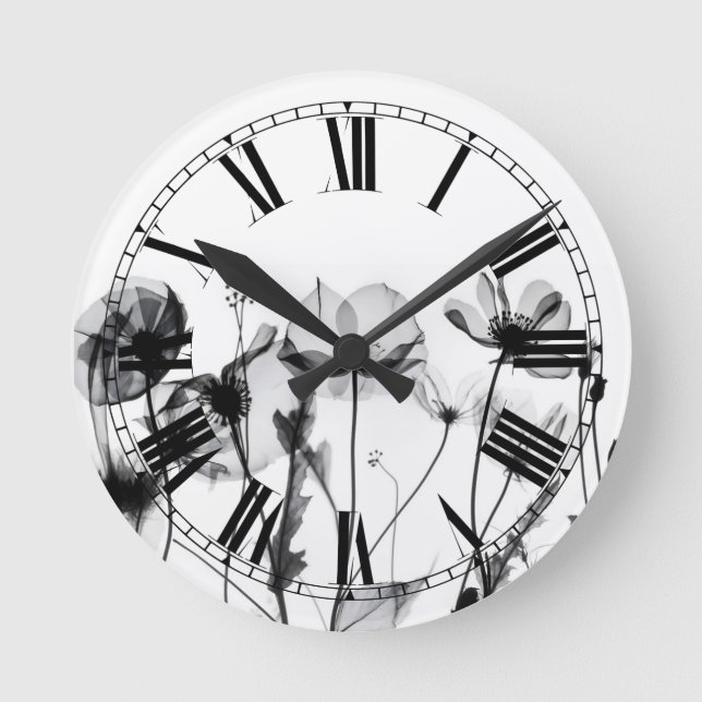 B&W Röntgenblumen Runde Wanduhr (Vorderseite)