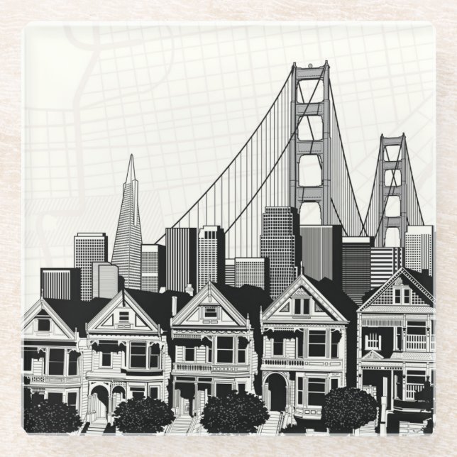 B&W San Francisco Kalifornien Glasuntersetzer (Vorderseite)