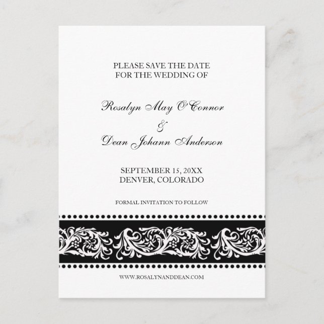 B&W scrollt maßgeschneiderte Hochzeitskarten Save  Ankündigungspostkarte (Vorderseite)