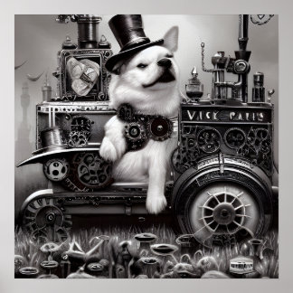 B&W Steampunk Dog & Train Poster