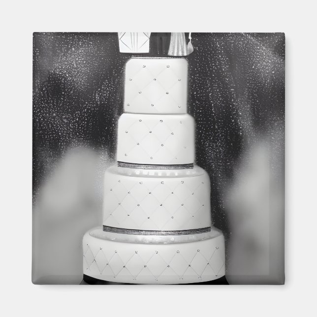 B&W White Retro Hochzeitskuchen Magnet (Vorne)