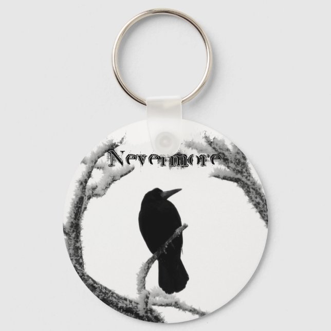B&W Winter Raven Edgar Allan Poe Nevermore Schlüsselanhänger (Vorderseite)