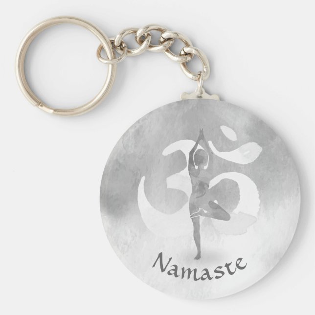 B&W Yoga Instructor Meditation Tree Pose Om Symbol Schlüsselanhänger (Vorne)