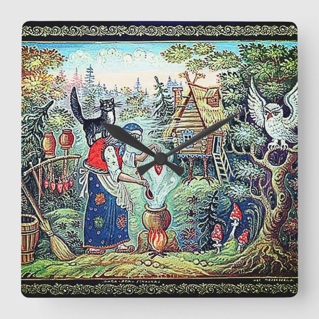BABA JAGA RUSSIAN FOLKLORE  SQUARE WALL CLOCK QUADRATISCHE WANDUHR (Vorderseite)