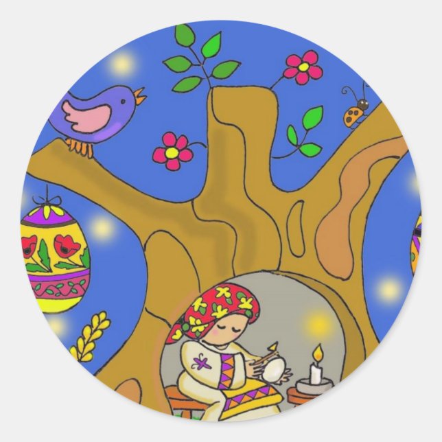 Baba und der Pysanky Tree Ukrainische Volkskunst Runder Aufkleber (Vorderseite)