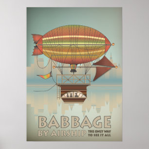 Babbage durch Luftschiff Steampunk Vintage Reise Poster