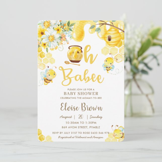 Babee Bees Yellow Gender Neutral Baby Dusche Einladung (Stehend Vorderseite)