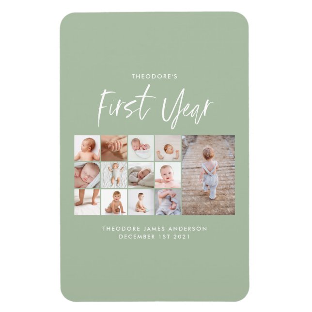 Babies first year photo collage script green  magnet (Vertikal)