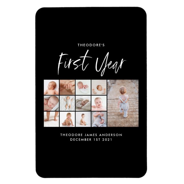 Babies first year photo collage script monochrome magnet (Vertikal)