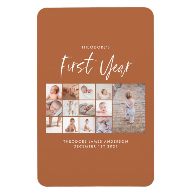 Babies first year photo collage script terracotta magnet (Vertikal)