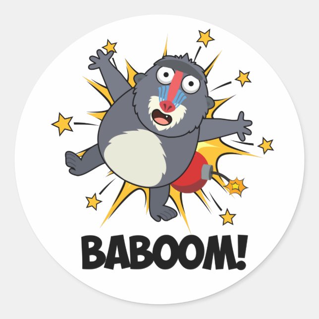Baboom Funny Exploding Baboon Pun Runder Aufkleber (Vorderseite)