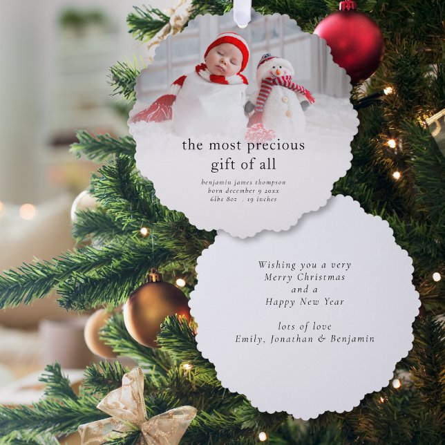 Baby 1 Christmas Birth Stats Foto Overlay Ornament Karte (Front and back view)
