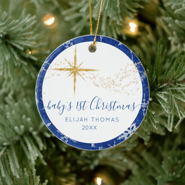 Baby 1 Christmas Blue Snowflake Gold Stars Foto Keramik Ornament (Baum)