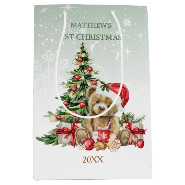 Baby 1 Christmas Teddy Bear Mittlere Geschenktasch Mittlere Geschenktüte (Vorderseite)
