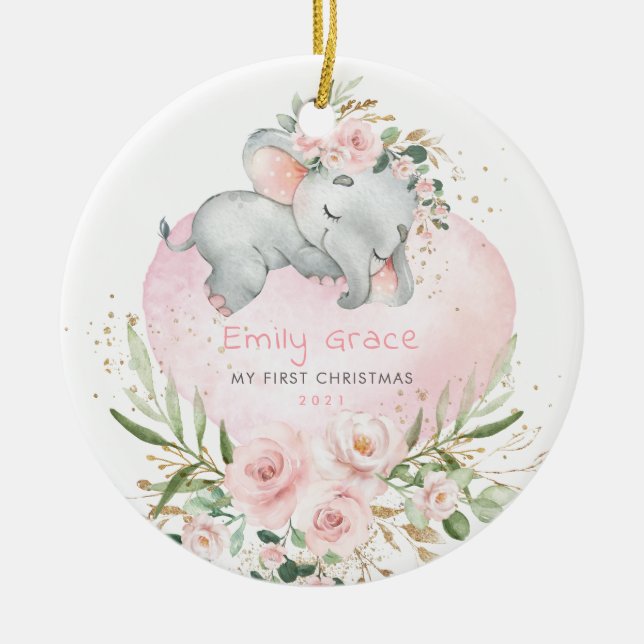 Baby 1. First Christmas Blush Floral Elephant Keramik Ornament (Vorne)