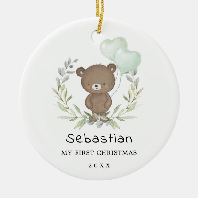 Baby 1. Niedlich Teddy Bear Greenery Keramik Ornament (Vorne)