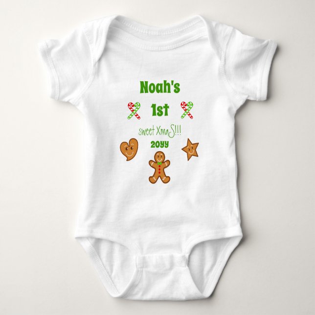 Baby 1. Sweet XmaS Gingerbread Pals Green Text Strampler (Vorderseite)