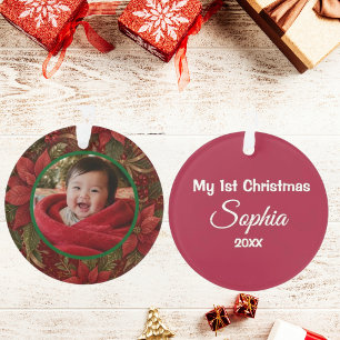 Baby 1. Weihnachten Florales Rot Foto Name Jahr Ornament