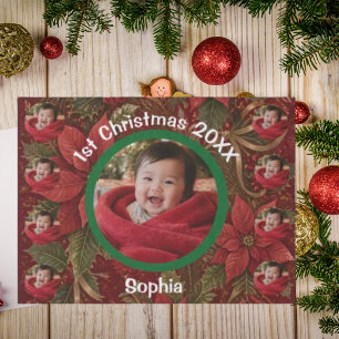 Baby 1. Weihnachten Florales Rot Foto Name Jahr Seidenpapier