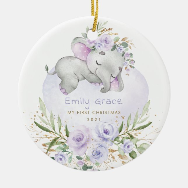 Baby 1. Weihnachts Lila BlumenElefant Keramik Ornament (Vorne)