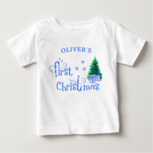Baby 1. Weihnachtsbaum und blauer Candy Cane Junge T-shirt