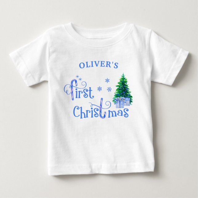 Baby 1. Weihnachtsbaum und Blue Candy Cane Boy Baby T-shirt (Vorderseite)