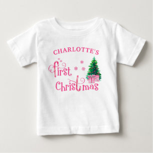 Baby 1. Weihnachtsbaum und Mädchen mit rosa Zucker T-shirt