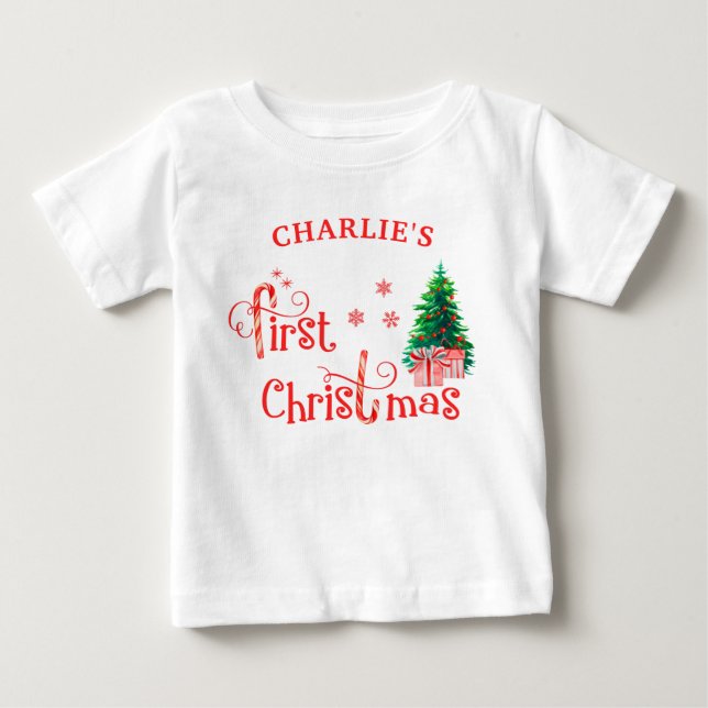 Baby 1. Weihnachtsbaum und Red Candy Cane T-shirt (Vorderseite)