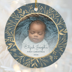 Baby 1. Weihnachtsfoto Goldfolie Teal Rund Keramik Ornament