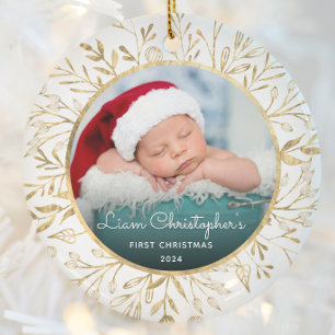 Baby 1. Weihnachtsfoto Goldfolie Weiße Runde Keramik Ornament