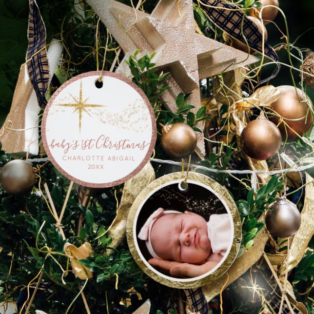 Baby 1 Weihnachtsrosa in Gold Glitzer Star Foto Keramik Ornament (Von Creator hochgeladen)