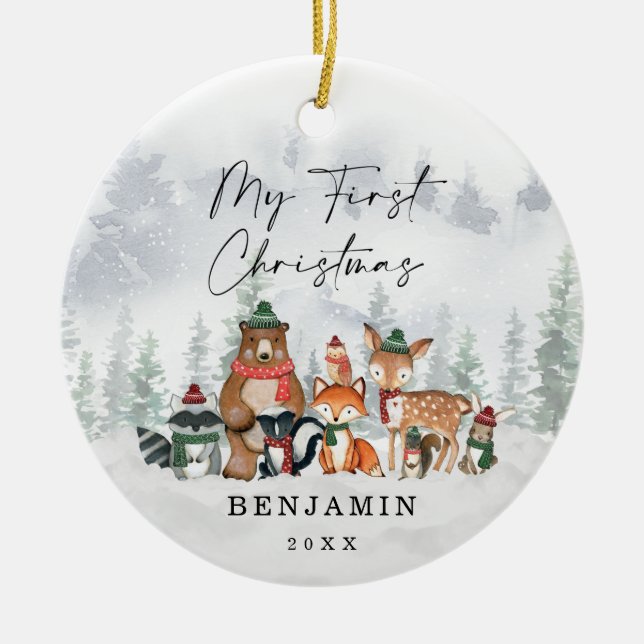 Baby 1. Weihnachtsschnee Winterwald Keramik Ornament (Vorne)
