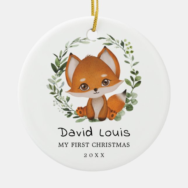 Baby 1st First Christmas Sweet Fox Greenery Wreath Keramik Ornament (Vorne)