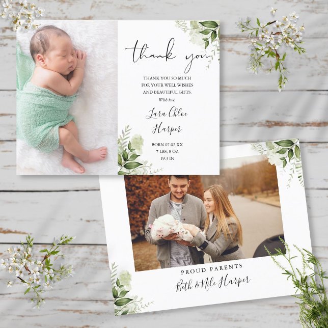 Baby 2 Fotos Grüne Floral Danke Birth Ankündigungspostkarte (Baby 2 Photos Greenery Floral Thank You Birth Announcement Postcard)