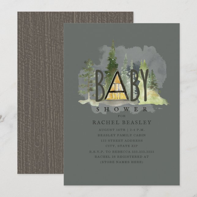Baby A Frame Woodland Cabin Dark Baby Dusche Einladung (Vorne/Hinten)