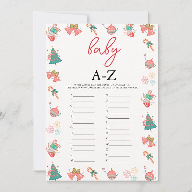 Baby A-Z Jeu Carte Baby shower de Noël (Devant)