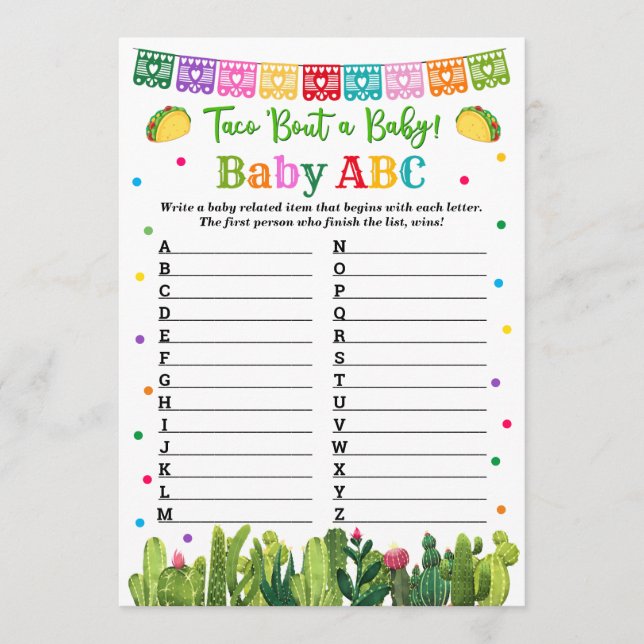 Baby ABC Game Taco Baby Dusche Hinweiskarte (Vorderseite)