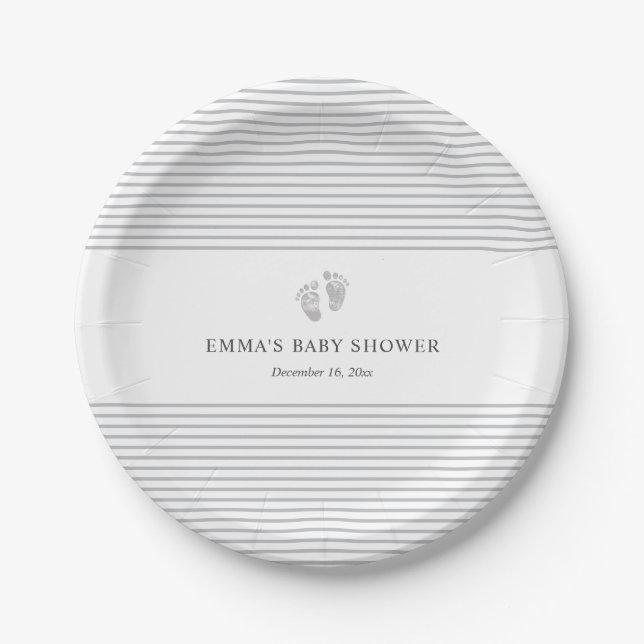 Baby-Abdruck-graue Streifen-Babyparty-Platte Pappteller (Vorderseite)