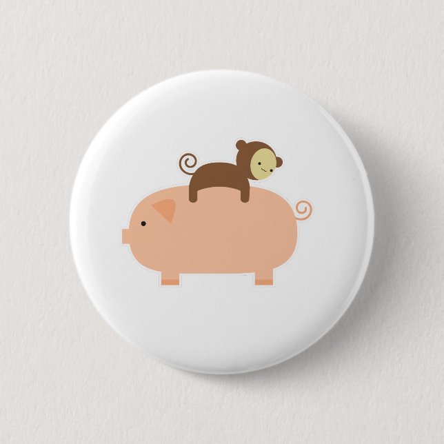 Baby-Affe, der rückwärts auf ein Schwein fährt Button (Vorderseite)
