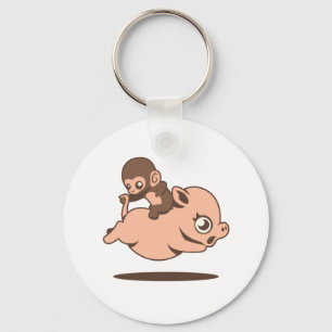 Baby-Affe (rückwärts gehend auf ein Schwein) Schlüsselanhänger