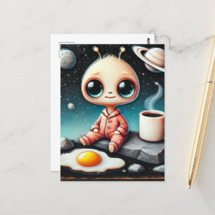 Baby Alien mit Kaffee und Ei Postkarte