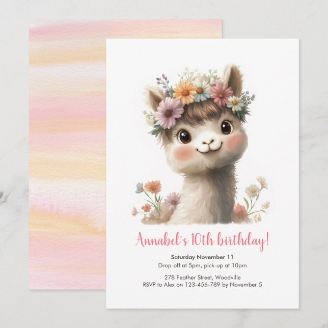 Baby Alpaca Girls Invitation Anniversaire (Devant / Derrière)