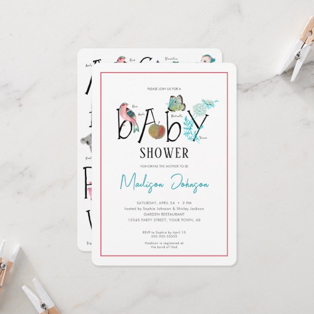 Baby Alphabet ABC Baby shower Invitation (Devant/Arrière en situation)