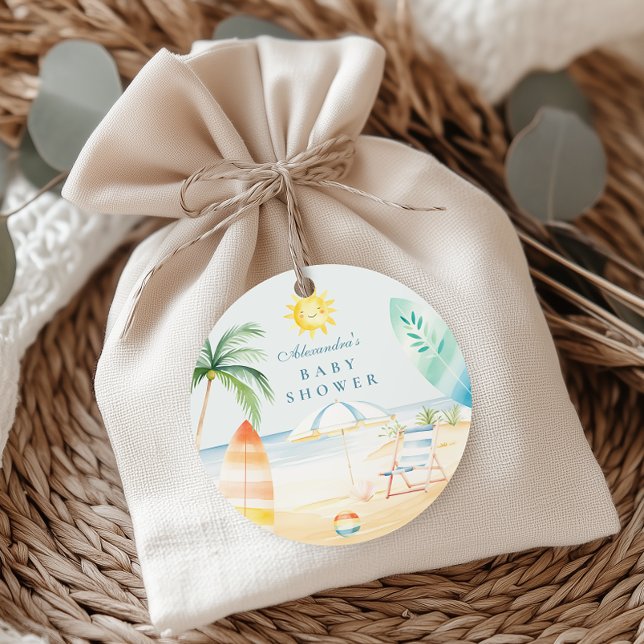 Baby an Bord Beach Surf Baby Dusche Runder Aufkleber (Von Creator hochgeladen)