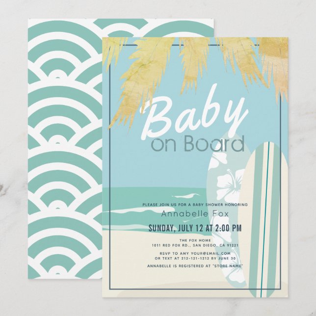 Baby an Bord Beach Surf Boy Baby Dusche Einladung (Vorne/Hinten)