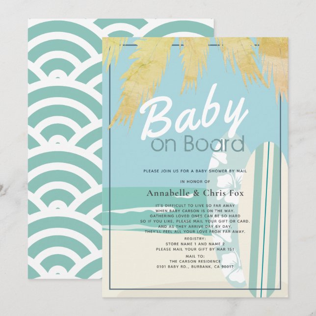 Baby an Bord Beach Surf Boy Baby Dusche per Mail Einladung (Vorne/Hinten)