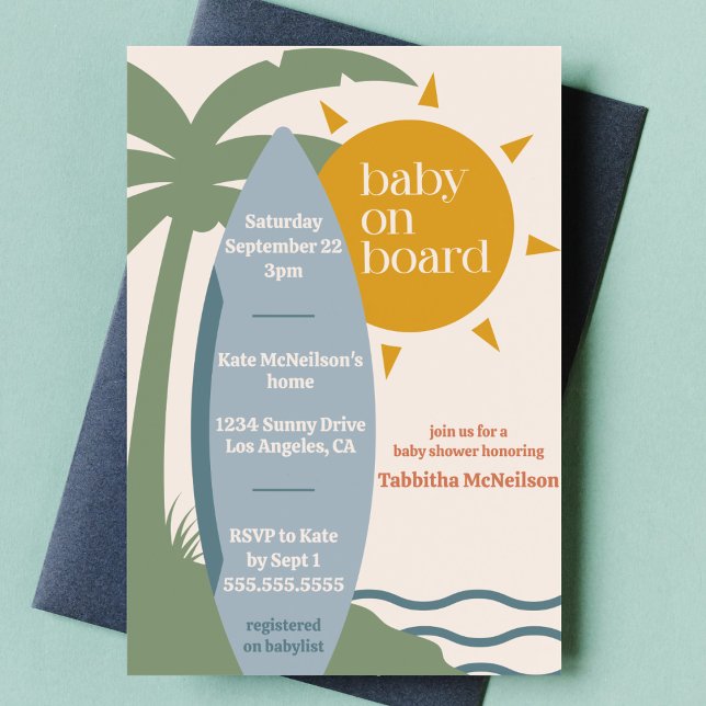 "Baby an Bord" Beach Surfing Ocean Baby Shower Einladung ("baby on board" cute surfing ocean theme baby boy shower nautical sea surfboard tropical invitation)