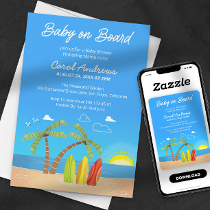 Baby an Bord Blau Tropischer Strand Baby-Party Einladung