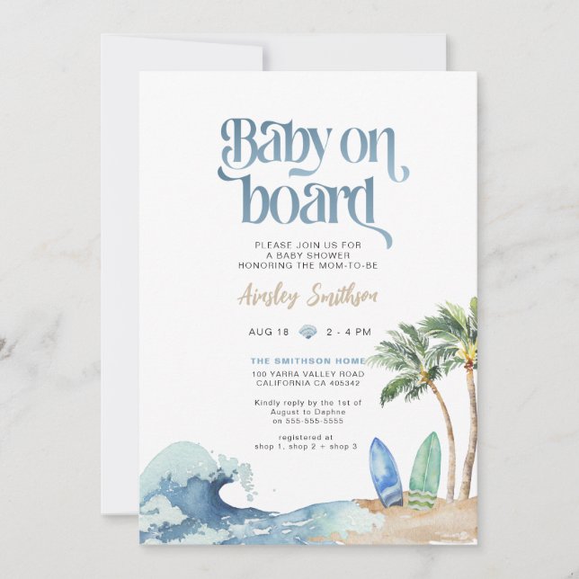 Baby an Bord Einladung, Beach Baby Dusche Einladung (Vorderseite)